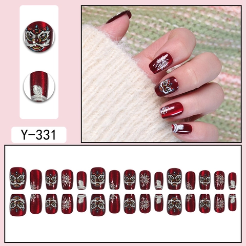 Uñas Postizas Ojo De Gato Rojo Oscuro Pintadas A Mano Patrón Danza Del León Fuegos Artificiales Año Nuevo Chino Estilo Tradicional