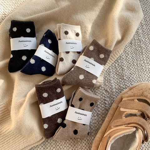 Women Polka Dot Mid-calf Socks Wool Blend Warm Thick Knit Japanese Retro Casual Breathable Soft Winter Hosiery