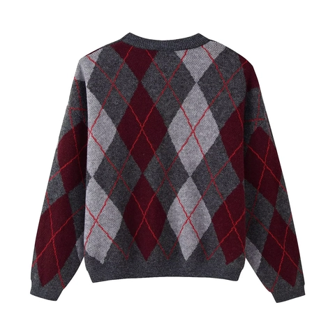 Suéter de Punto Argyle Vintage para Mujer Cuello Redondo Suelto Manga Larga Estilo Preppy Casual Otoño Invierno Jersey