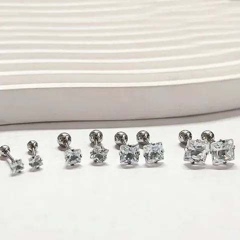 Orecchini A Lobo In Zircone Quadrato Acciaio Inossidabile Quattro Griffe Chiusura A Vite Sfera Gioielli Piercing Per Donna Uomo Unisex Minimalista
