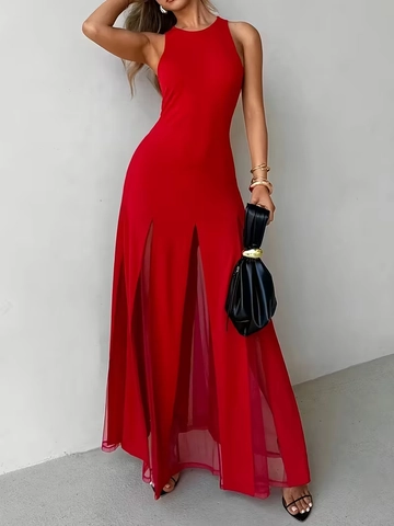 Women Sleeveless Maxi Dress Elegant Halter Neck Slim Fit High Slit Sheer Mesh Stitching Party Evening Gown