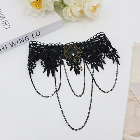 Maschera Di Pizzo Nero Gotico Collana Choker Orecchini Gemma Bracciale Anello Halloween Mascherata Accessori Per Feste