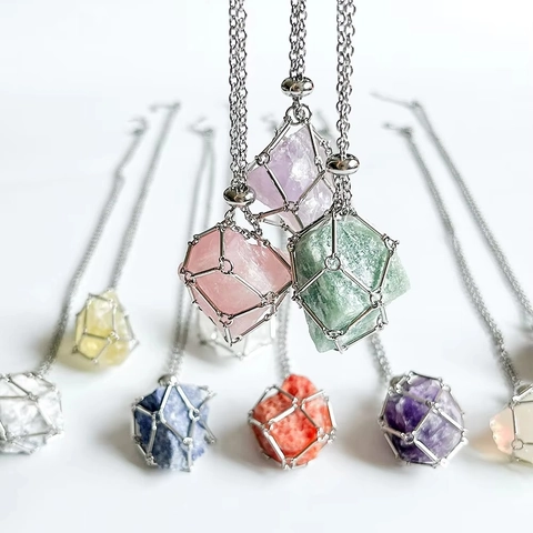 Collier Pendentif En Pierre Brut De Cristal Naturel Cage Métallique Enveloppée De Fil Bijoux De Pierre Gemme Pour Femmes Hommes