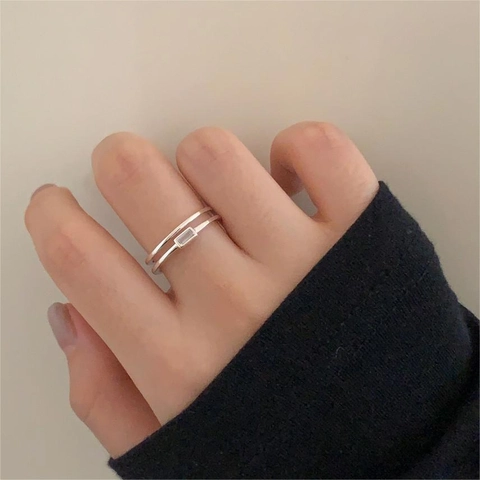 Anello Minimalista A Doppio Strato In Argento Sterling 925 Con Zircone Bianco Rettangolare Gioielli Geometrici Chic Per Donna