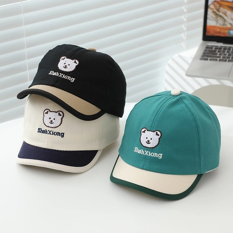 Gorra De Béisbol Para Bebé Mezcla Algodón Suave Sombrero Sol Transpirable Bloque Color Bordado Oso Ajustable Para Bebés