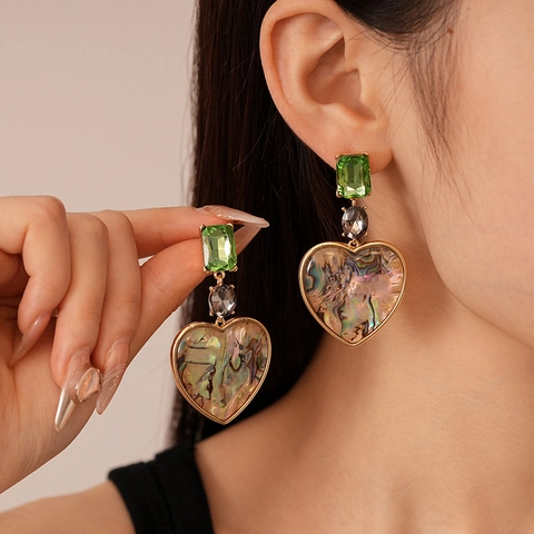 Vintage Heart Dangle Earrings With Green Rectangular Rhinestone And 925 Sterling Silver Earring Post