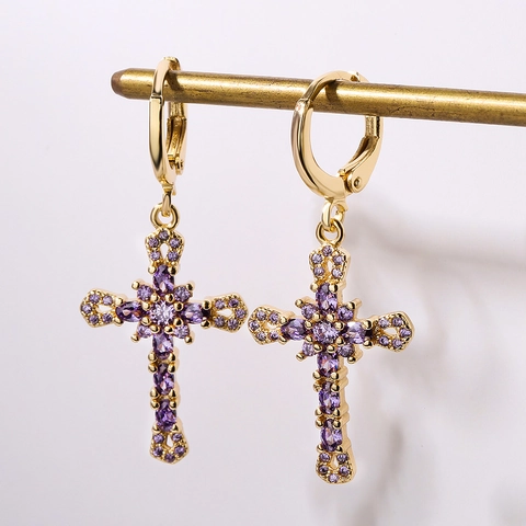 Orecchini A Cerchio Con Croce Placcati In Oro 18K Rame Zircone Colorato Geometrico Stile INS Moda Per Donne Gioielli