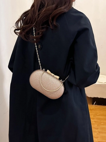 Elegant Glitter Evening Clutch Bag With Bow Clasp Metal Round Handle And Detachable Chain Strap For Party Wedding
