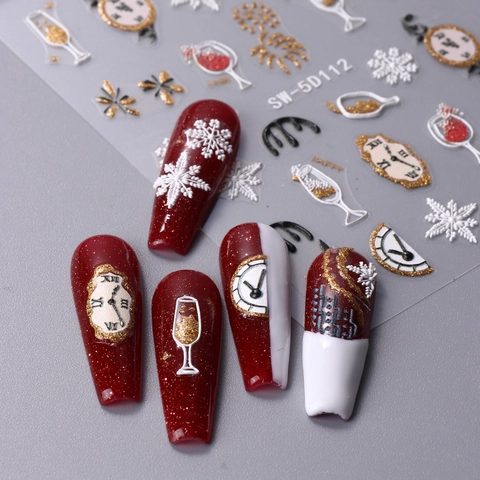 Autocollants Art Des Ongles Noël 5D Gaufré Flocon De Neige Horloge Champagne Nouvel An Hiver Décoration DIY Femme