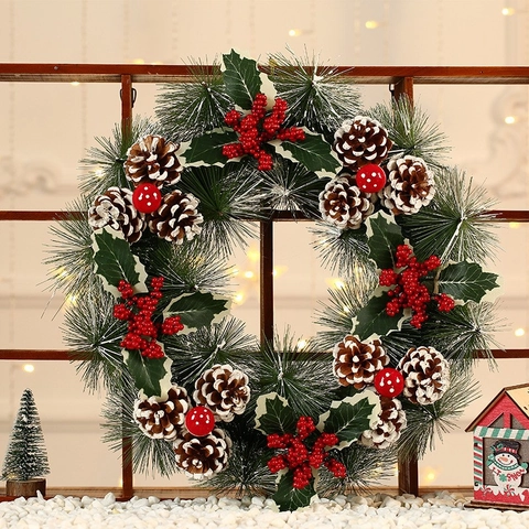 Corona Di Natale Aghi Di Pino Artificiali Pigne Naturali Bacche Rosse Fiocco Di Iuta Decorazione Porta