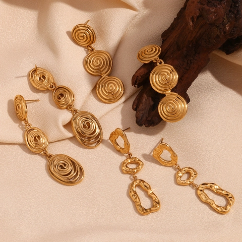 Drop Dangle Earrings 316L Stainless Steel 18K Gold Plated Geometric Hammered Texture Spiral Swirl Vintage Bohemian Women