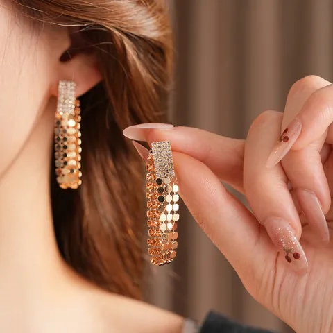 Geometrische Quadratische Zirkonia Lange Quasten Ohrhänger Mit Silber Ohrstecker Vintage Vergoldeter Kupfer Schmuck Für Damen