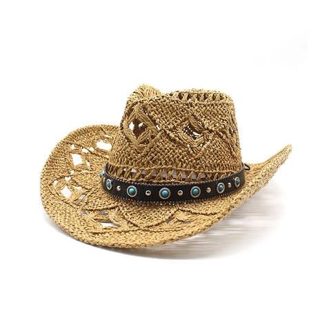 Cappello Da Cowboy Occidentale Traforato Paglia Di Carta Protezione Solare Spiaggia Viaggio Vintage Etnico Perline Turchesi Rivetti