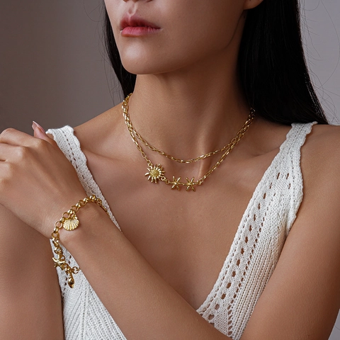 Collana A Doppio Strato In Lega Ciondoli Girasole Sole Stella Dorata Gioielli Di Moda Eleganti Per Donna Stile Boho Vintage