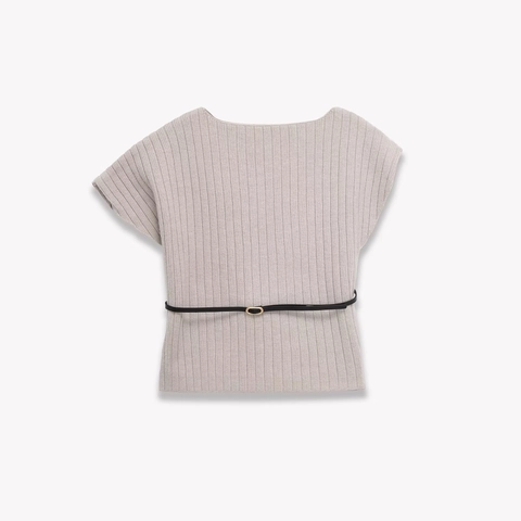 Women Boat Neck Short Sleeve Knit Top Ribbed Polyester Acrylic With Elegant Thin Belt Accessory