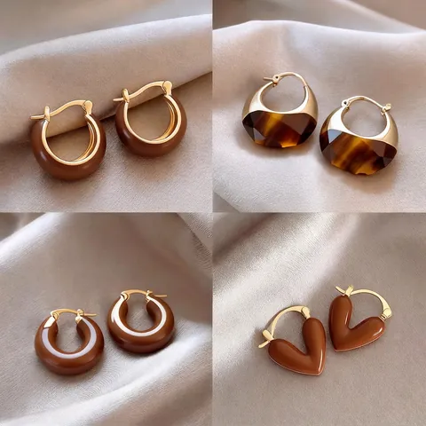 Maillard Style Tiger Eye Earrings Vintage Geometric Resin Alloy Hoop Stud Retro Elegant Jewelry For Women