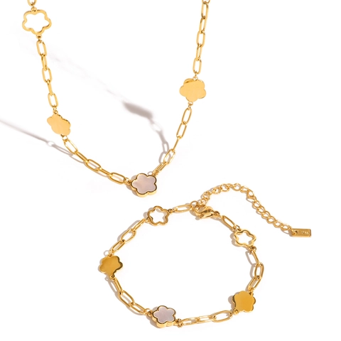 Collana E Bracciale Gioielli Acciaio Inossidabile Placcato Oro 18K Madreperla Fiore Cavo Trifoglio Per Donna