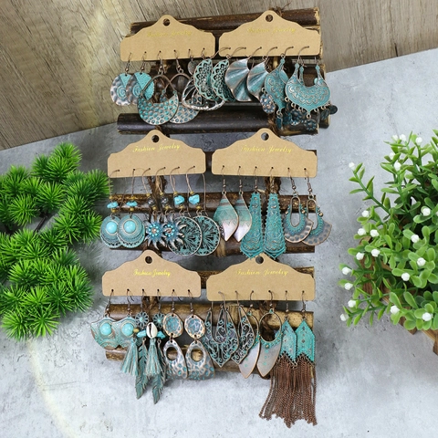 Bohemian Dangle Earrings Vintage Alloy Turquoise Tassel Geometric Ethnic Style Retro Jewelry For Women
