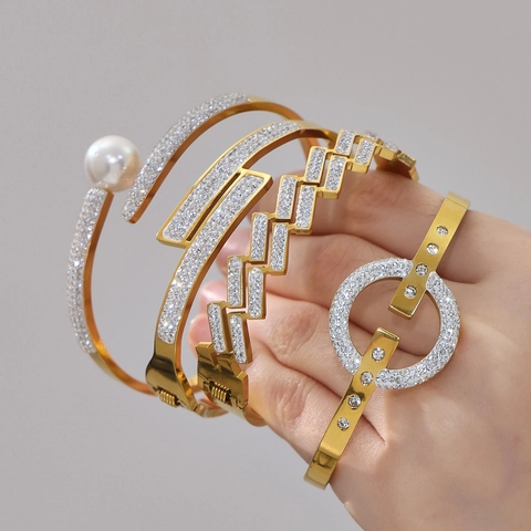 Geometric Bangle Bracelet Stainless Steel 18K Gold Plated Cubic Zirconia Artificial Pearl Open Cuff Luxury Fashion Jewelry Women