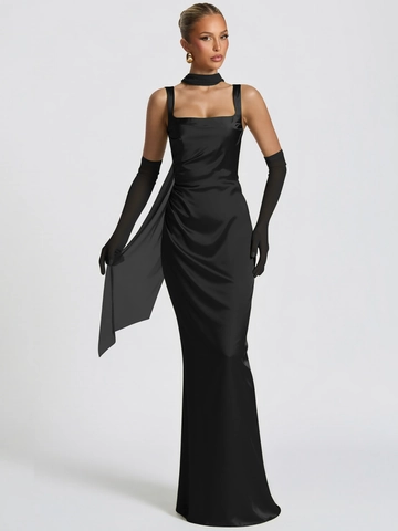 Satin Maxi Kleid Eckiger Ausschnitt Plissee Abendkleid Mit Netz Handschuhen Und Streamer Schlanke Passform Elegant