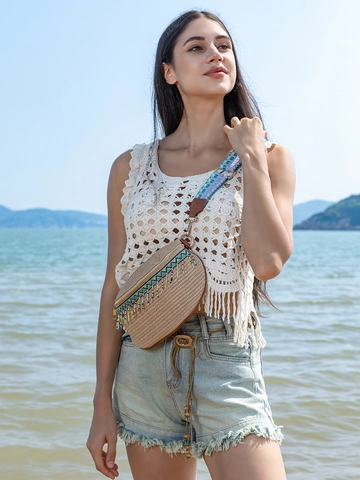 Bohemian Straw Woven Waist Bag Women Summer Beach Vacation Ethnic Chest Bag With Colorful Beaded Tassels Wide Strap