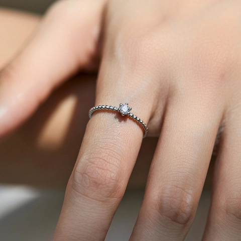 Round Moissanite Ring 925 Sterling Silver Beaded Band Six Prong Minimalist D Color VVS1 Sparkly Jewelry For Women