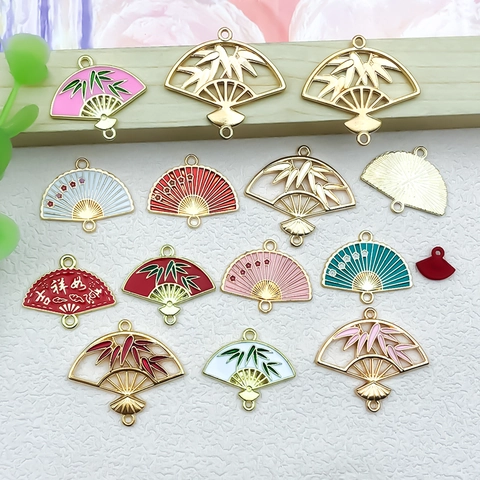 Chinesischer Stil Emaille Fächer Anhänger Legierung Bambus Blumen Schmuckverbinder DIY Handgemachtes Zubehör Traditionelles Design