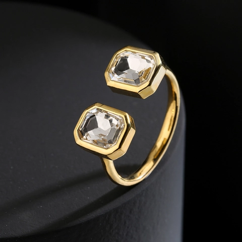Verstellbarer Offener Ring Für Damen 18K Vergoldetes Kupfer Großer Rechteckiger Zirkonia Eleganter Statement-Schmuck