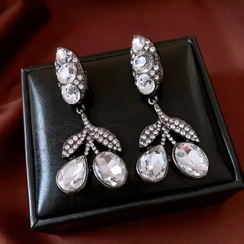Orecchini Pendenti Foglia Vintage Con Perno In Argento Lega Strass Cristallo A Goccia Gunmetal Lusso Donna