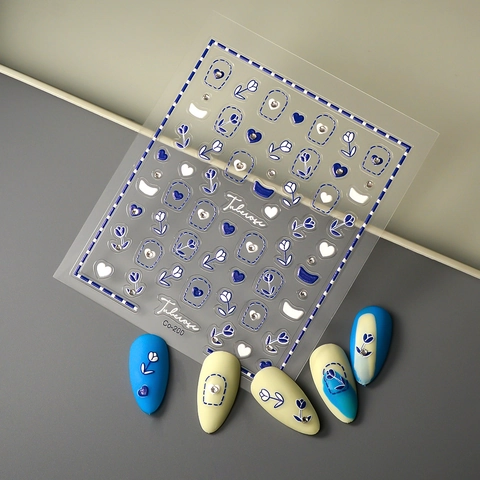 5D Embossed Nail Stickers Blue Tulip Heart Rhinestone Adhesive Waterproof Nail Art Decals For DIY Manicure