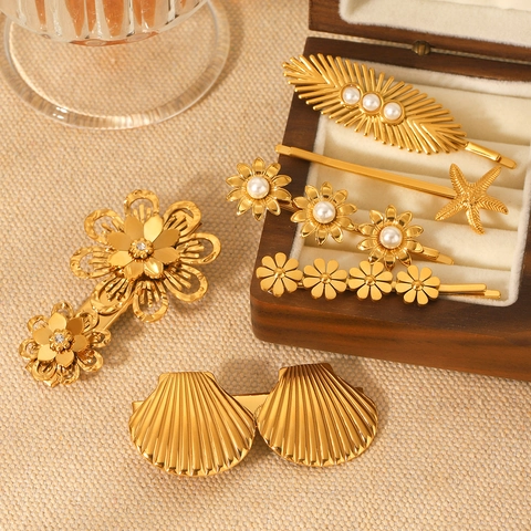 Stainless Steel Hair Clips 18K Gold Plated Artificial Pearl Rhinestone Flower Starfish Shell Butterfly Hairpins Women Elegant