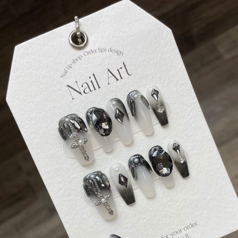Coffin Press On Nails Dark Gothic Black White Gradient Rhinestone Cross Artificial Pearl Handmade Long Ballerina False Nails