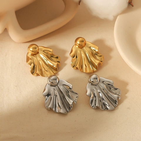 Boucles D'oreilles Puces Plissées En Forme D'éventail Acier Inoxydable Plaqué Or 18K Bijoux Géométriques
