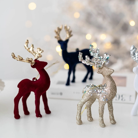 Elegante Colgante de Reno de Navidad Flocado con Purpurina Decoración de Árbol Adorno de Alce Colgante para Fiesta Hogar