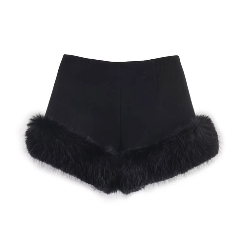 Women High Waisted Shorts With Faux Fur Trim Black Polyester Spandex Blend Elegant Fashionable Elegant Bottoms