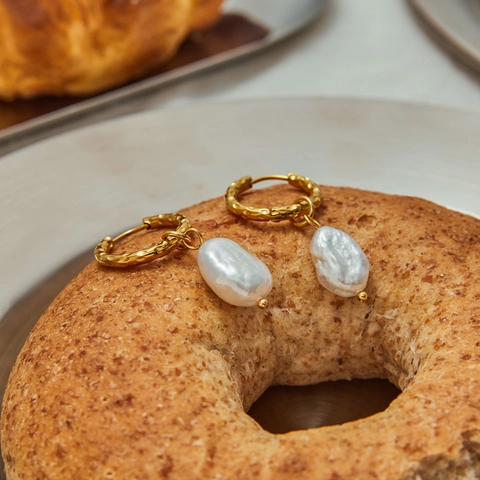 Barok Kunstparel Creolen Roestvrij Staal 18K Verguld Gehamerd Geometrische Hangende Oorbellen Sieraden Voor Dames