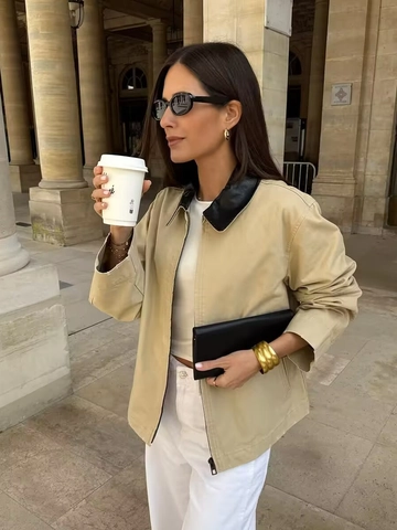 Women Casual Lapel Jacket Polyester Canvas PU Leather Collar Contrast Color Zipper Autumn Street Style Outerwear