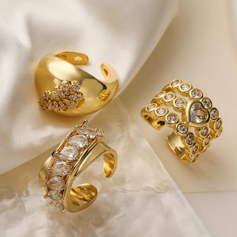 Vintage High-End Copper Open Ring For Women Real Gold Plated Geometric Rhinestone Heart Adjustable Fashion Ring Jewelry