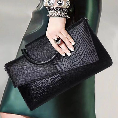 Stijlvolle Dames Clutch Tas PU Leder Krokodil Slangenhuid Patchwork Ronde Metalen Handvat Afneembare Riem Mode Avondhandtas
