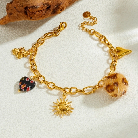 Stainless Steel Gold Plated Multi Charm Bracelet Heart Bee Sun Mask Leopard Print Plush Ball Retro Jewelry For Women
