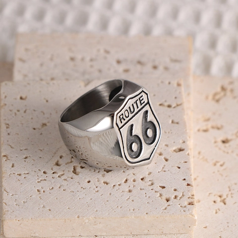 Route 66 Shield Ring Titanium Stainless Steel Retro Vintage Punk Style Biker Jewelry For Men