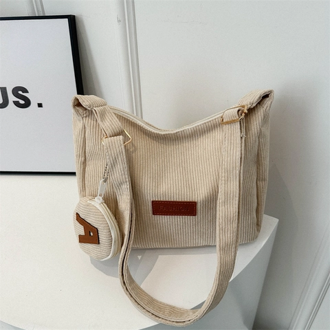 Corduroy Tote Bag Large Capacity Zipper Shoulder Bag With Small Round Coin Purse Commuter Casual Retro For Women