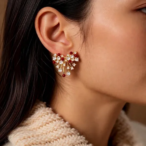 Elegant Bow Knot Stud Earrings Copper 14K Gold Plated Zircon Red Resin Bead Retro Jewelry With Silver Earring Post