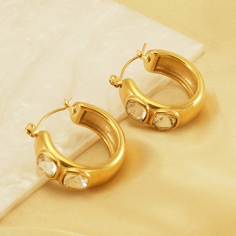 Vintage Hoop Earrings Stainless Steel 18K Gold Plated Square Zircon Inlaid Retro Luxury Huggies For Women Fashion