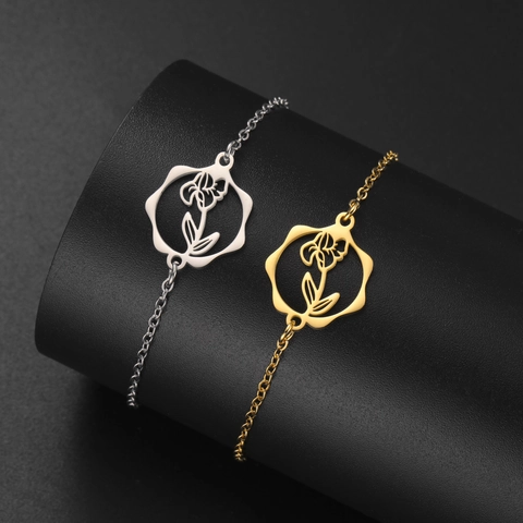 Bracciale in Acciaio Inossidabile Fiore di Nascita Ciondolo Floreale Cavo Catena Regolabile Oro Argento per Donna Gioielli Regalo Compleanno