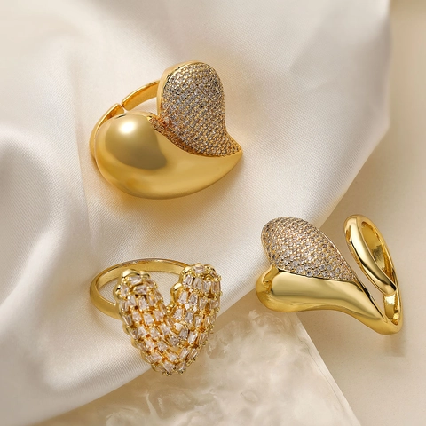 Elegant Asymmetric Heart Open Ring Gold Plated Copper With Micro Pave Zircon Luxury Trendy Jewelry For Women