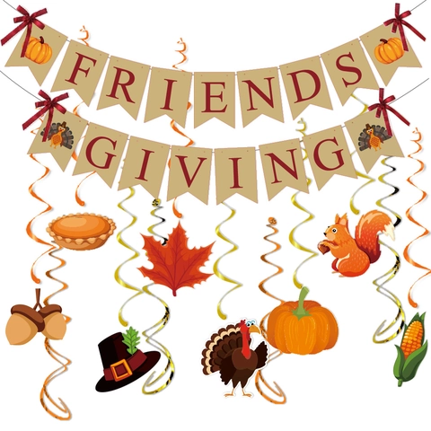 Friendsgiving Banner Und Hängende Wirbel Dekorationen Erntedankfest Party Deko Papier Herbst Truthahn Kürbis Ahornblatt