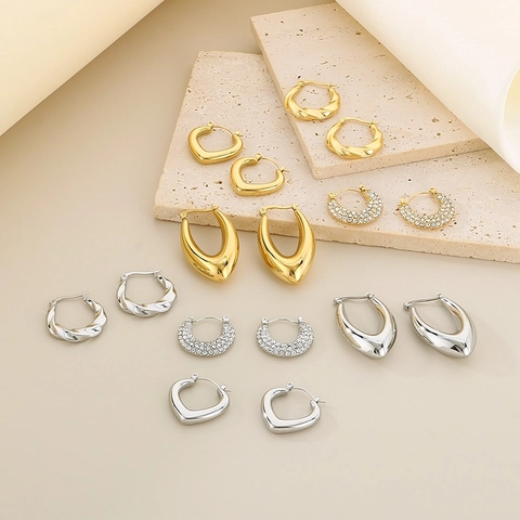 Stainless Steel Hoop Earrings Geometric U-Shape Heart Twist Textured Minimalist Rhinestone Fashion Jewelry For Women