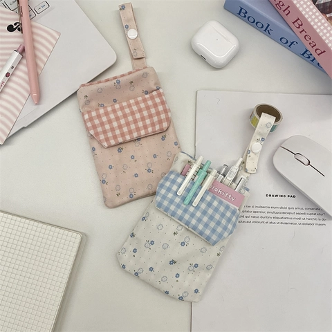 Florales Canvas Federmäppchen Tragbare Schreibwaren Aufbewahrungstasche Stoff Mit Druckknopf Gingham Klappe Japanischer Stil