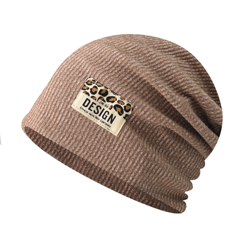 Unisex Ribbed Knitted Beanie Hat Leopard Print Patch Slouchy Soft Warm Autumn Winter Cap